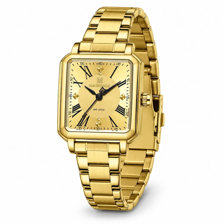 Montre Minoran NF5065 dorée à cadran doré vue de face sur fond blanc