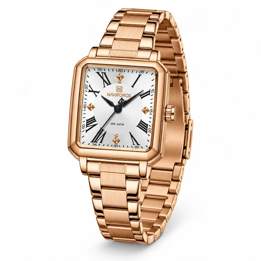 Montre Minoran NF5065 couleur or rose à cadran blanc vue de face sur fond blanc