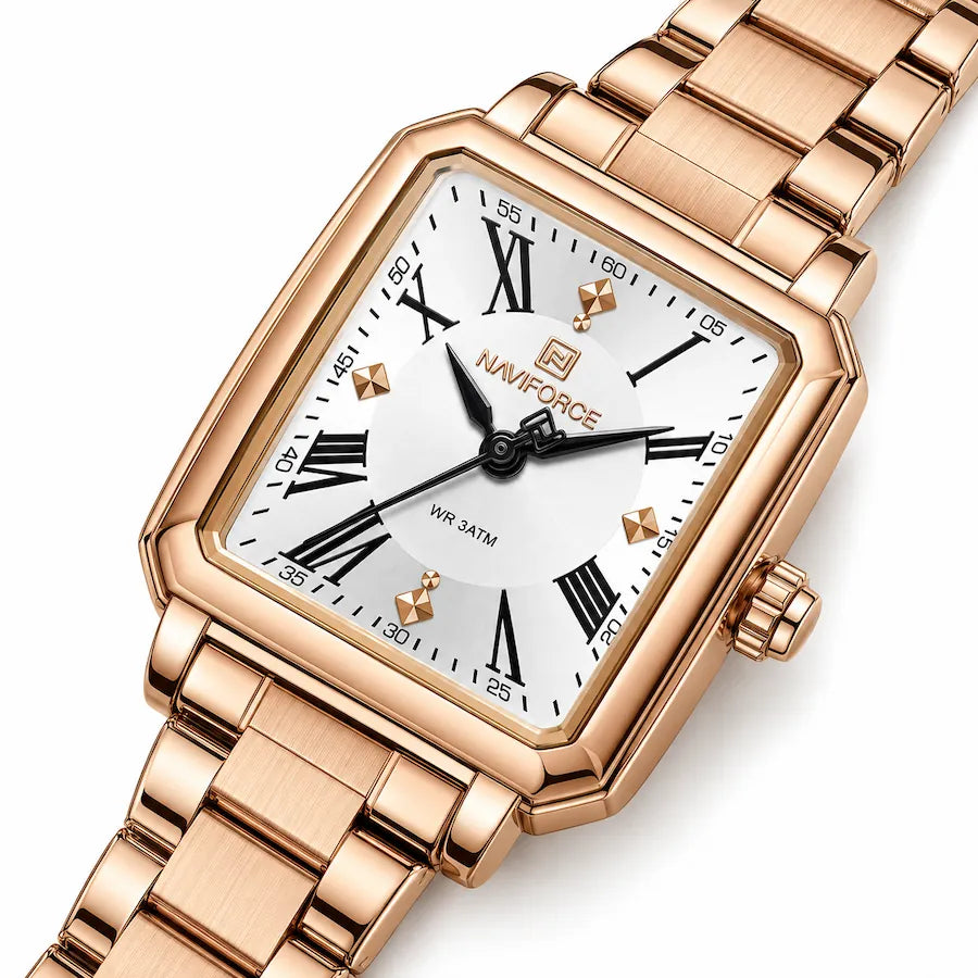 Montre Minoran NF5065 couleur or rose à cadran blanc en zoom diagonal, avec chiffres romains et index brillants