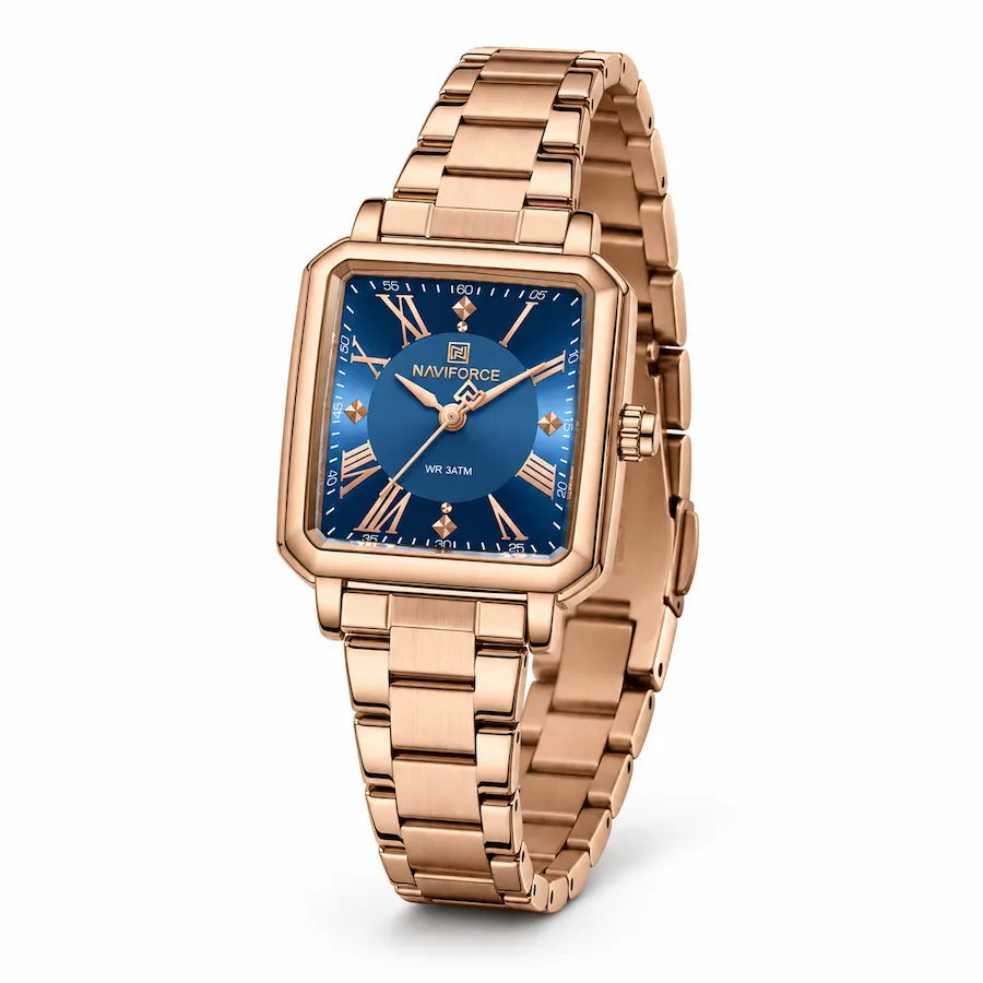 Montre Minoran NF5065 couleur or rose à cadran bleu vue de face sur fond blanc