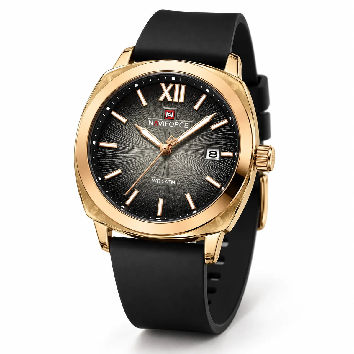 Montre femme Minoran NF6111, bracelet en silicone noir et cadran noir, vue de face