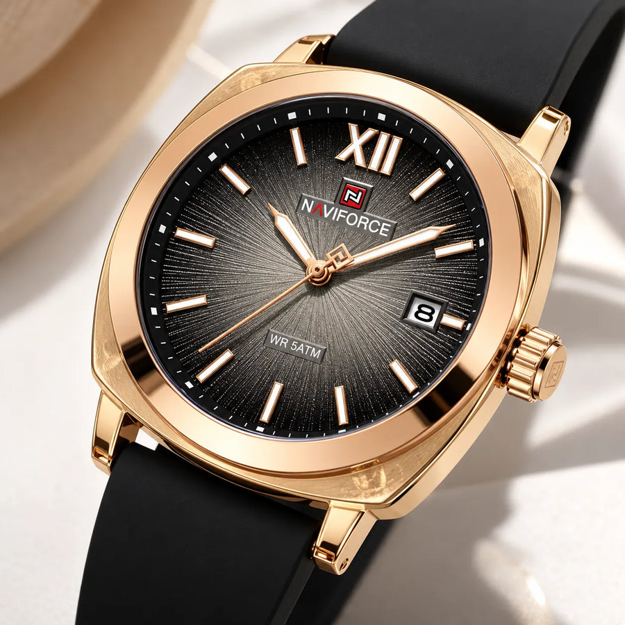 Montre femme Minoran NF6111, bracelet en silicone noir et cadran noir, gros plan du cadran et de la date
