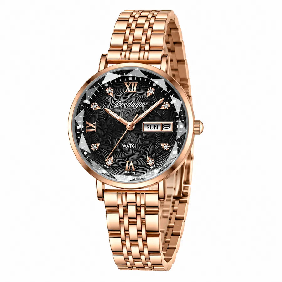 Montre femme noire Minoran Seraphim, vue en arc, côté couronne