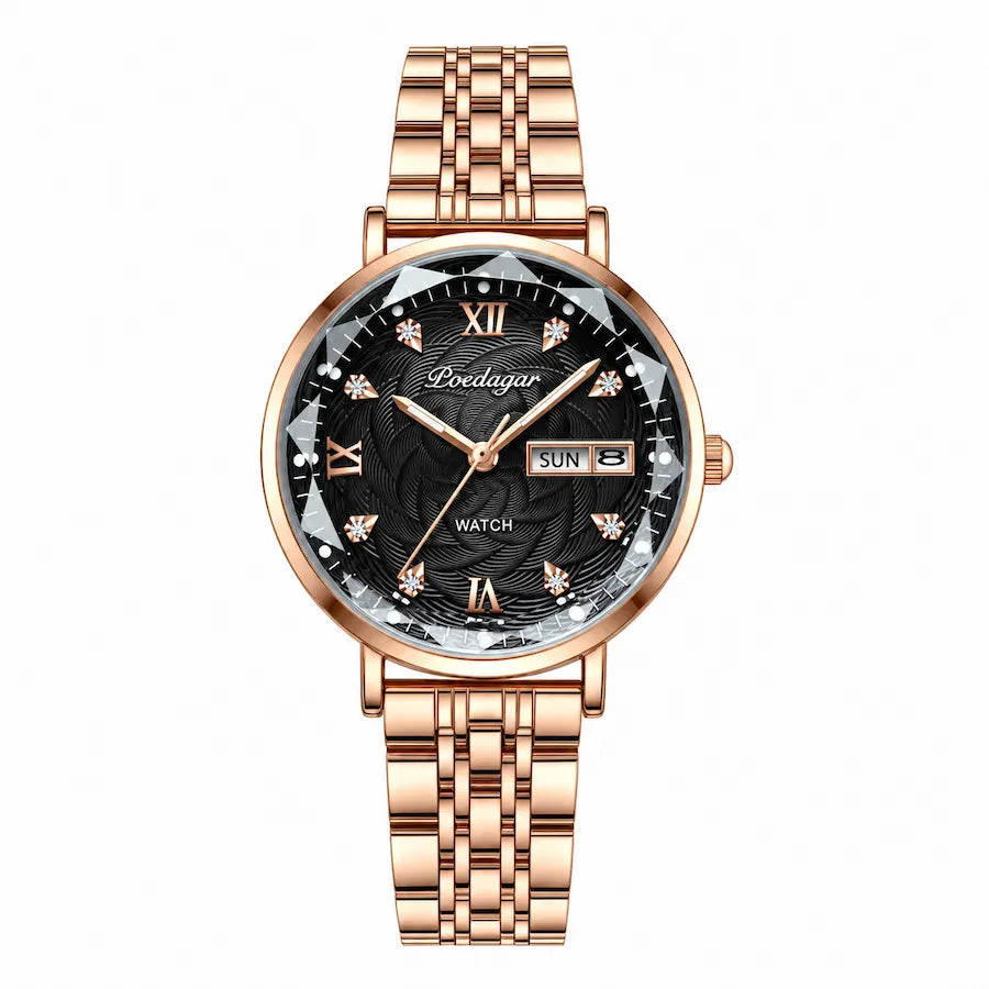 Montre femme noire Minoran Seraphim, vue de face sur fond blanc