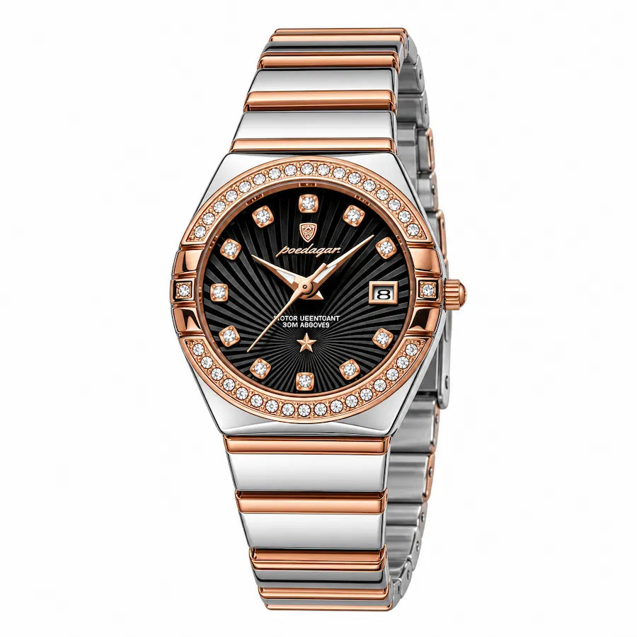 Montre femme noire Minoran Souverain, vue en arc, côté couronne