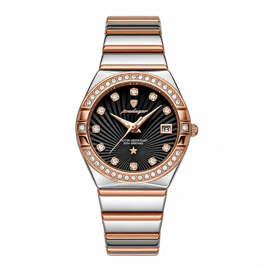 Montre femme noire Minoran Souverain, vue de face sur fond blanc