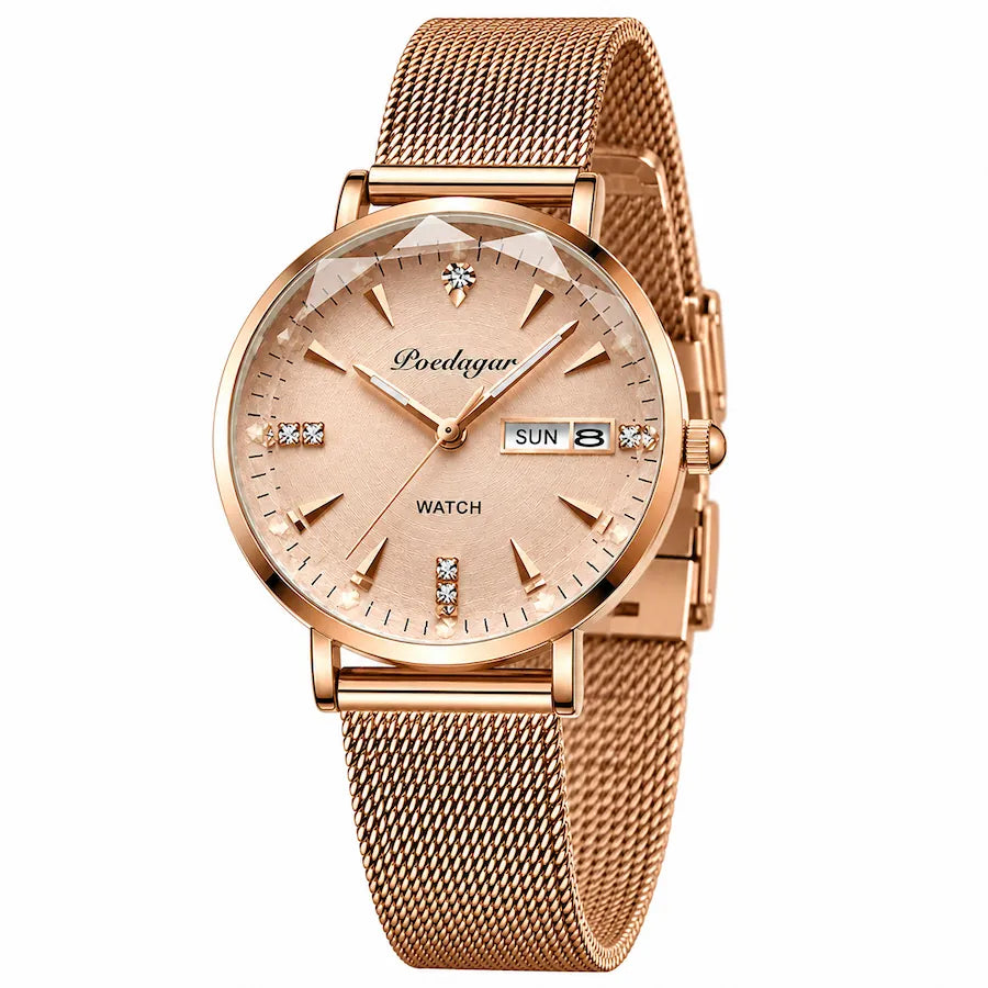 Montre femme or rose Minoran Kósmos, vue en arc, côté couronne