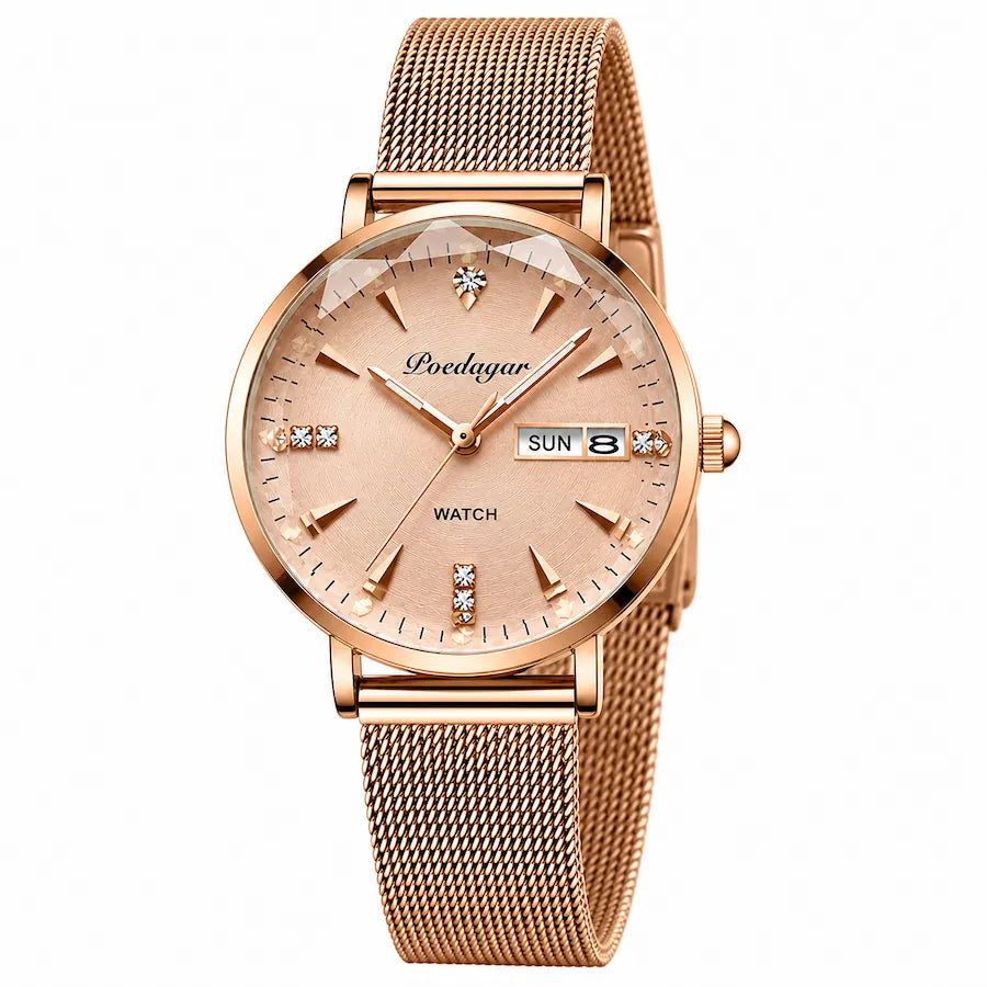Montre femme or rose Minoran Kósmos, vue de face sur fond blanc