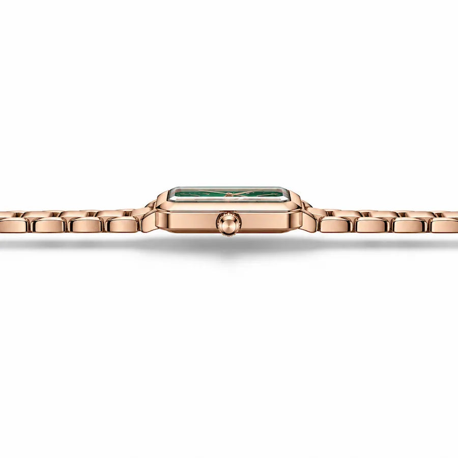 Vue latérale à 90 degrés de la montre Minoran NF5065 avec boîtier rectangulaire et bracelet couleur or rose