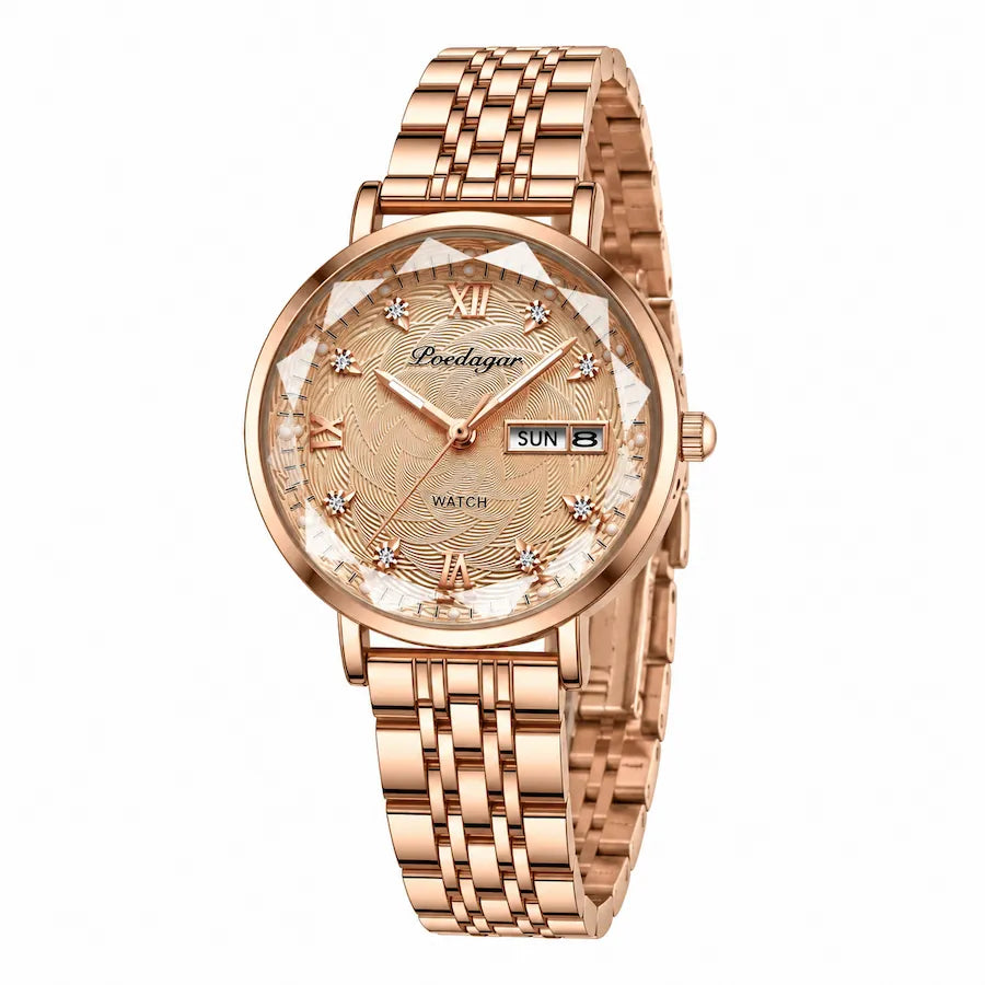 Montre femme or rose Minoran Seraphim, vue en arc, côté couronne