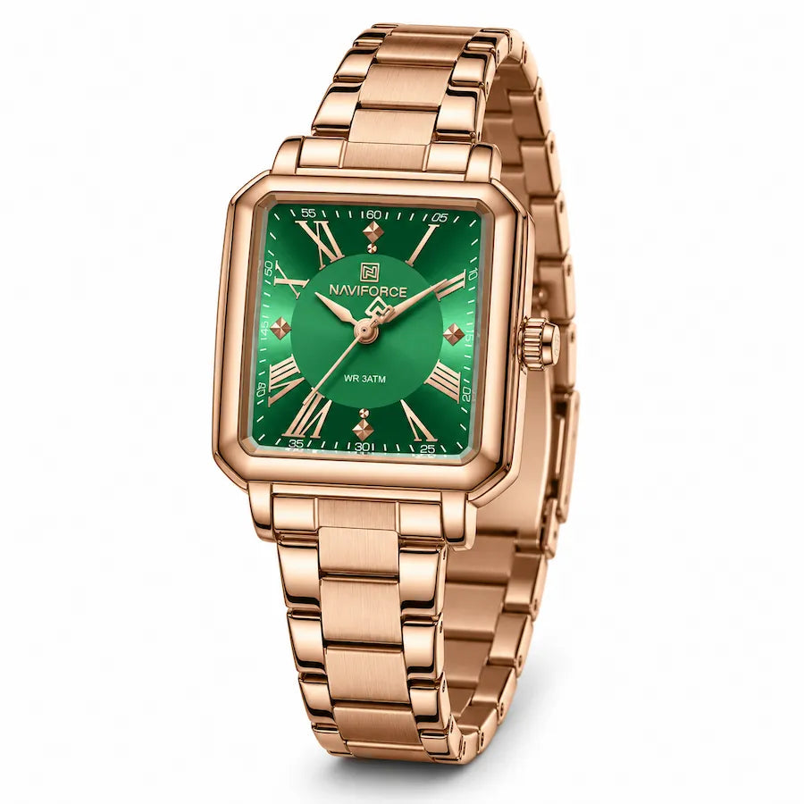 Montre femme rectangulaire couleur or rose Minoran NF5065 avec cadran vert et bracelet en acier inoxydable, vue de face