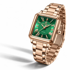 Montre femme rectangulaire couleur or rose Minoran NF5065 photographiée sur fond blanc