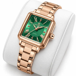 Montre femme Minoran NF5065 couleur or rose présentée sur un coussin blanc