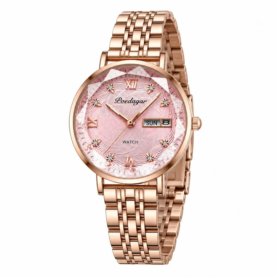 Montre femme rose clair Minoran Seraphim, vue en arc, côté couronne