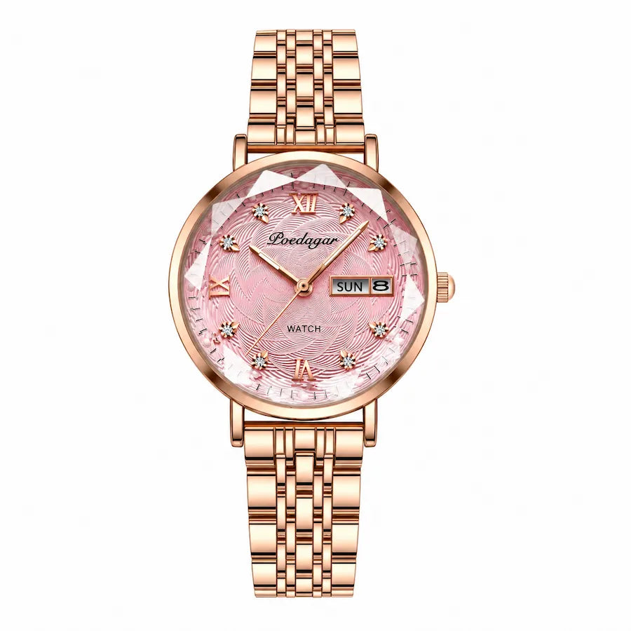 Montre femme rose clair Minoran Seraphim, vue de face sur fond blanc