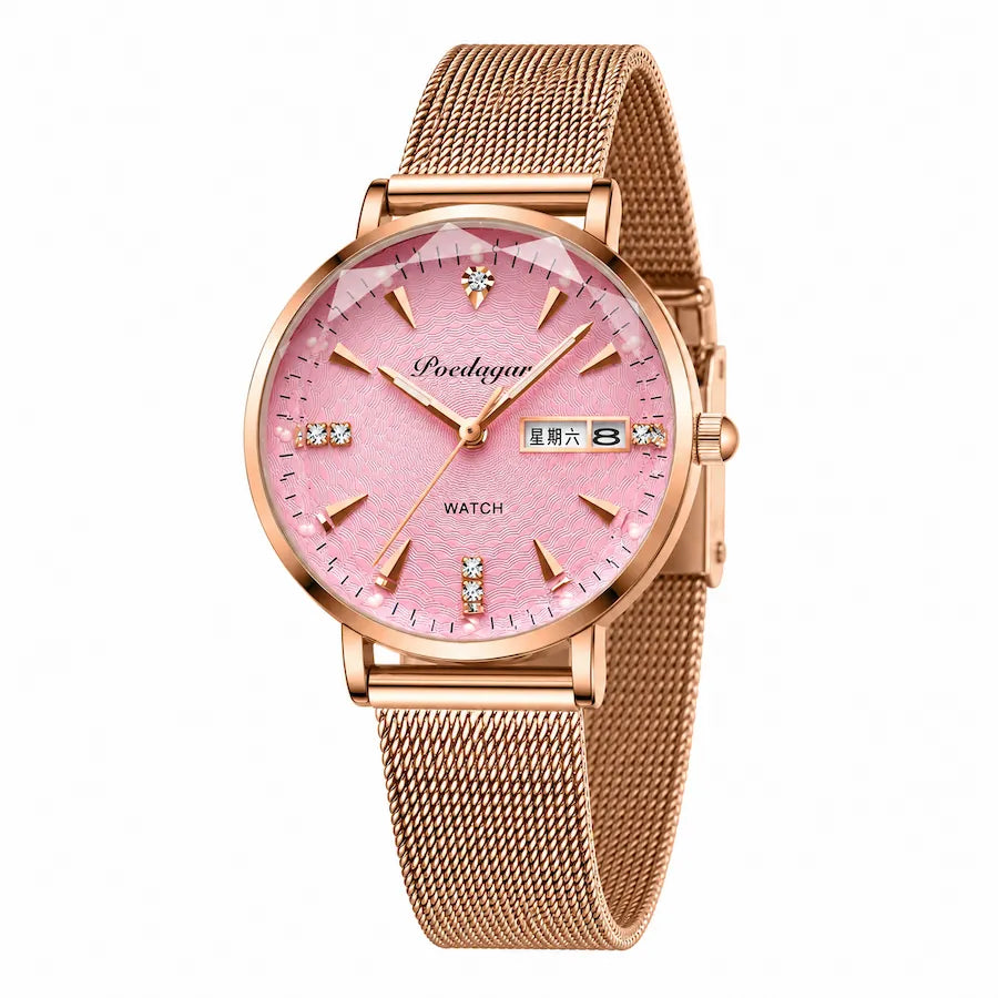 Montre femme rose Minoran Kósmos, vue en arc, côté couronne
