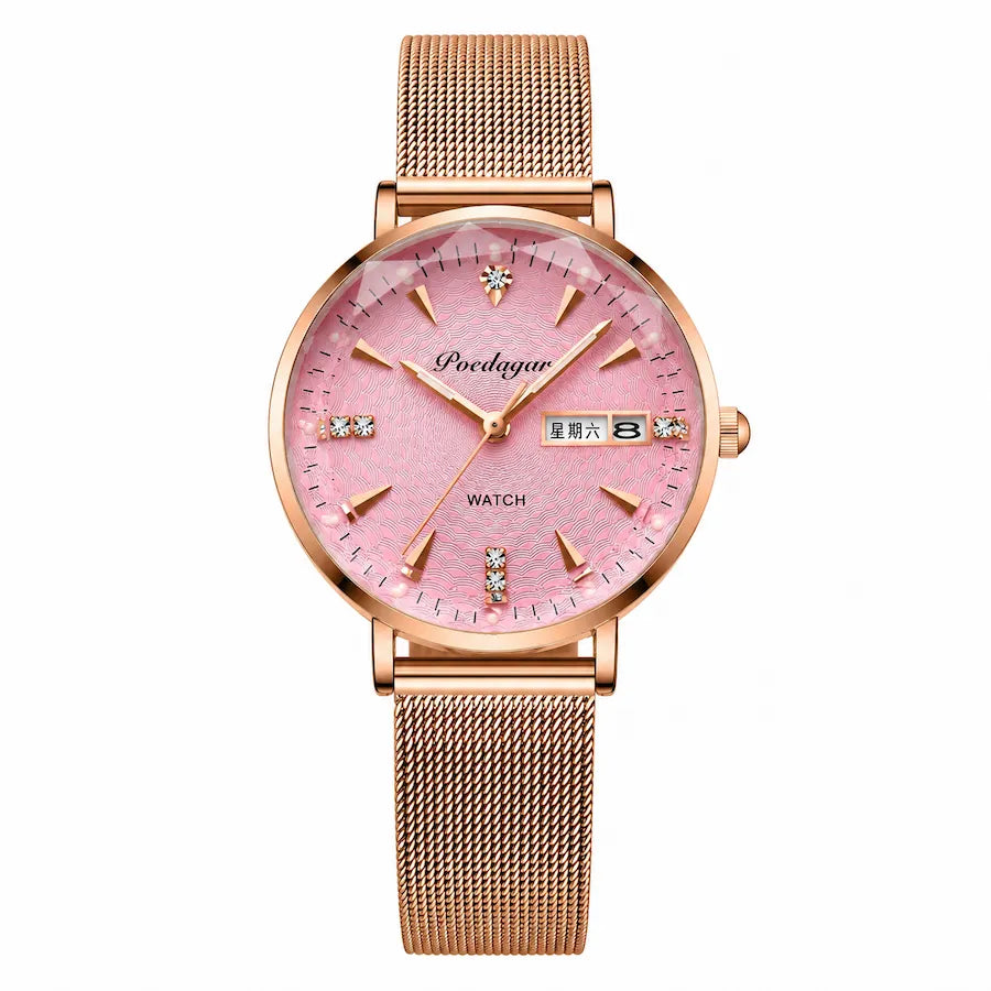 Montre femme rose Minoran Kósmos, vue de face sur fond blanc