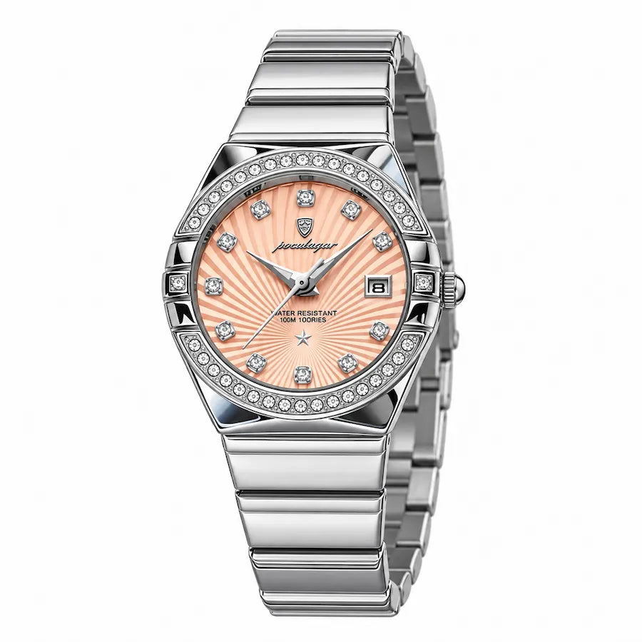 Montre femme rose Minoran Souverain, vue en arc, côté couronne