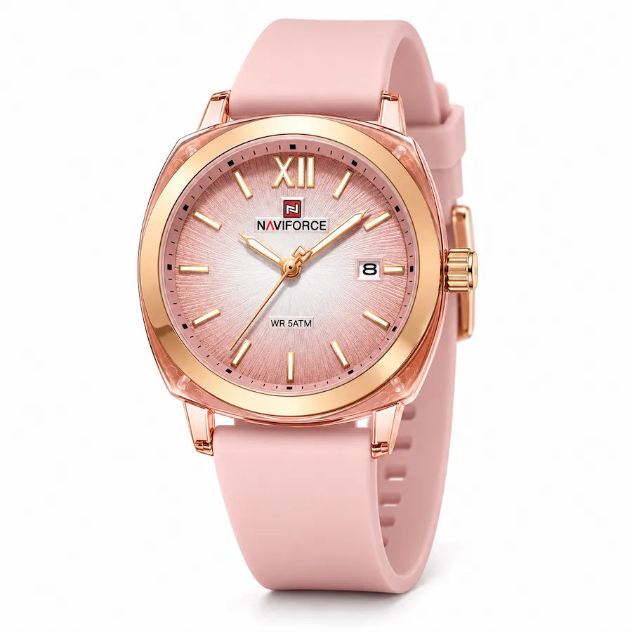 Montre femme Minoran NF6111, bracelet en silicone rose et cadran rose, vue de face