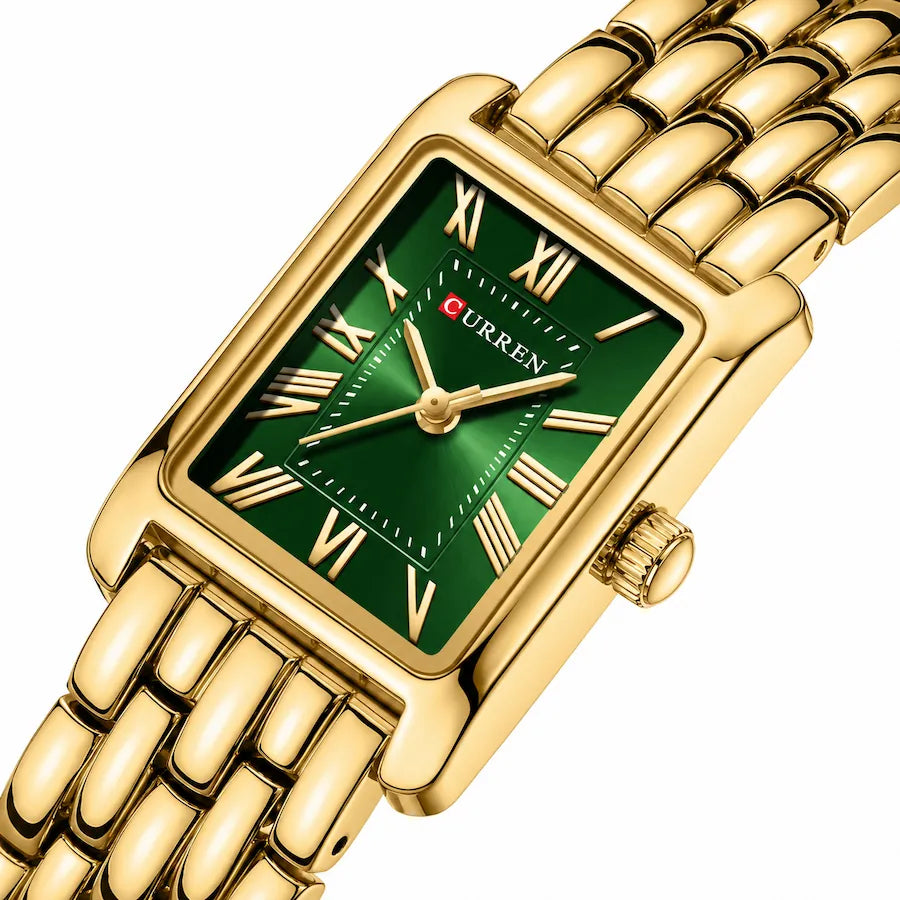 Montre rectangulaire femme Minoran 9115, bracelet doré et cadran vert en vue trois-quarts